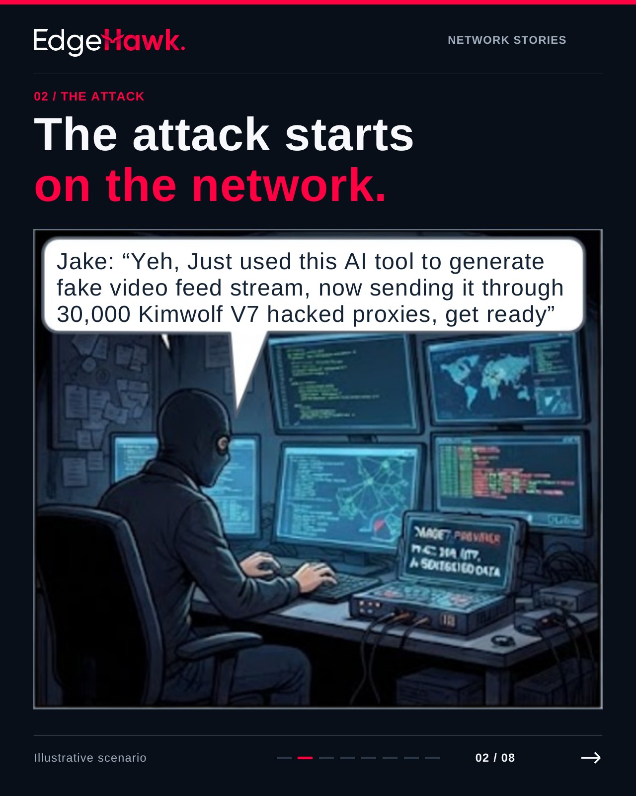 Comic panel 2 of 8, The Attack: an attacker sends a fake video stream through hacked proxies.
