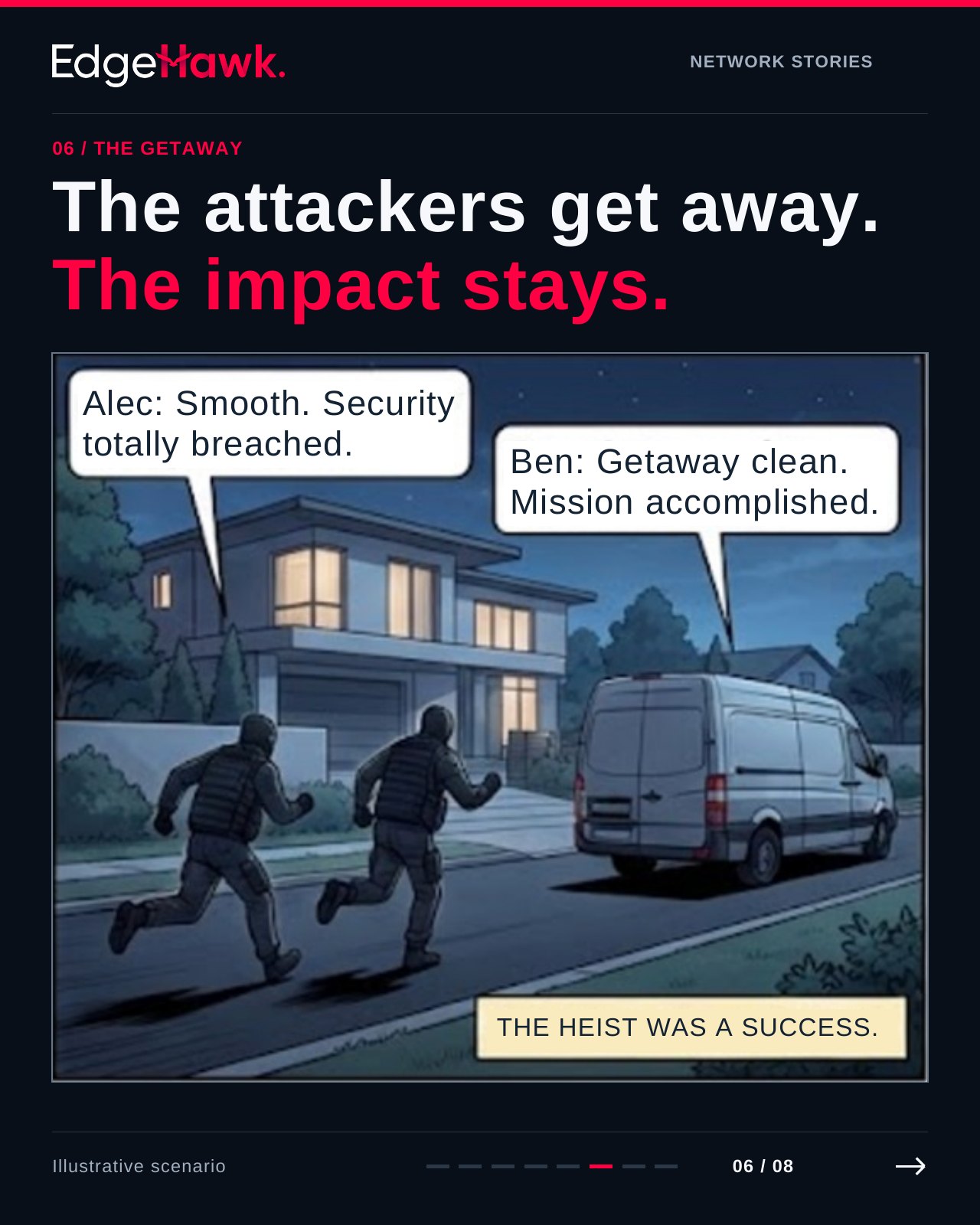 Comic panel 6 of 8, The Getaway: the attackers escape after the heist.